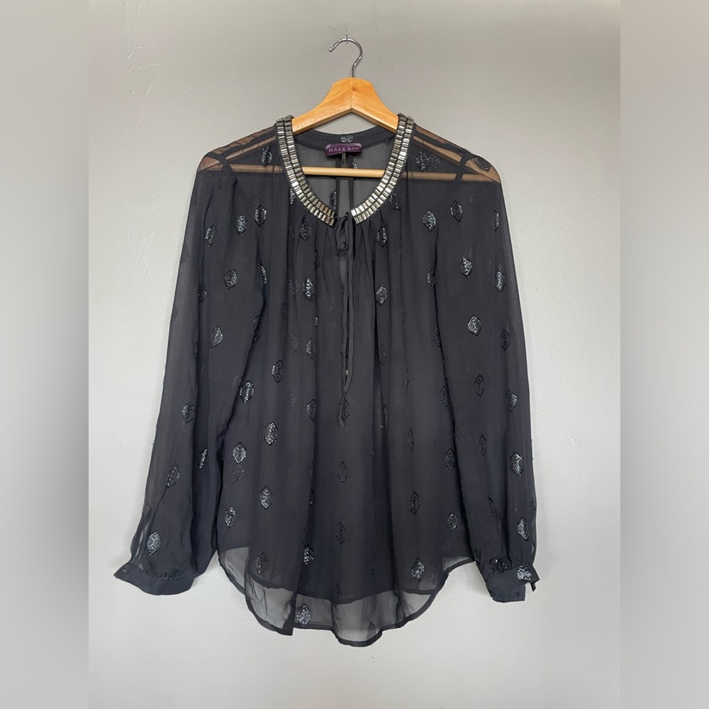 Hale Bob Black silk
 Beaded Tie-Neck Blouse